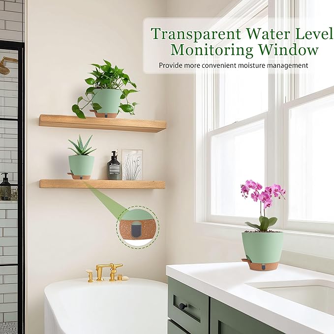 Self Watering Pots for Inoor Ourdoor Plants 8/7/6.5/6/5 Inch Plastic Planters with Drainage Holes & Water Level Indicator, Decorative House Flower Nursery Planting Pots with Saucers(Green)