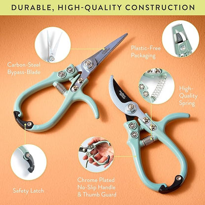 Modern Sprout Hand Pruners & Shears Set - Lightweight Gardening Tools W/Easy Lock - Sharp Carbon Steel Blades -Rust Resistant Scissors for Herbs, Flowers - Reusable Holster - Chartreuse