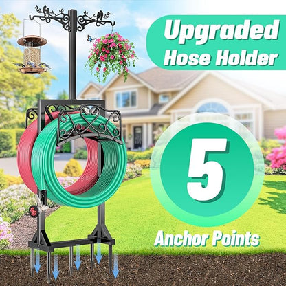 Garden Hose Holder for Outside,Water Hose Holders with 2 Bird Statue Shepherds Hooks & 5 Spikes,Double-Sided Freestanding Hose Stand Heavy Duty Hose Storage Rack for Outdoor Yard Lawn Farm