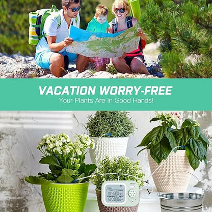 Automatic Plant Waterer Indoor Self Watering System for 15 Potted Plants, Auto Drip Irrigation Kit Programmable Water Timer with Smart Humidity Detection, Green