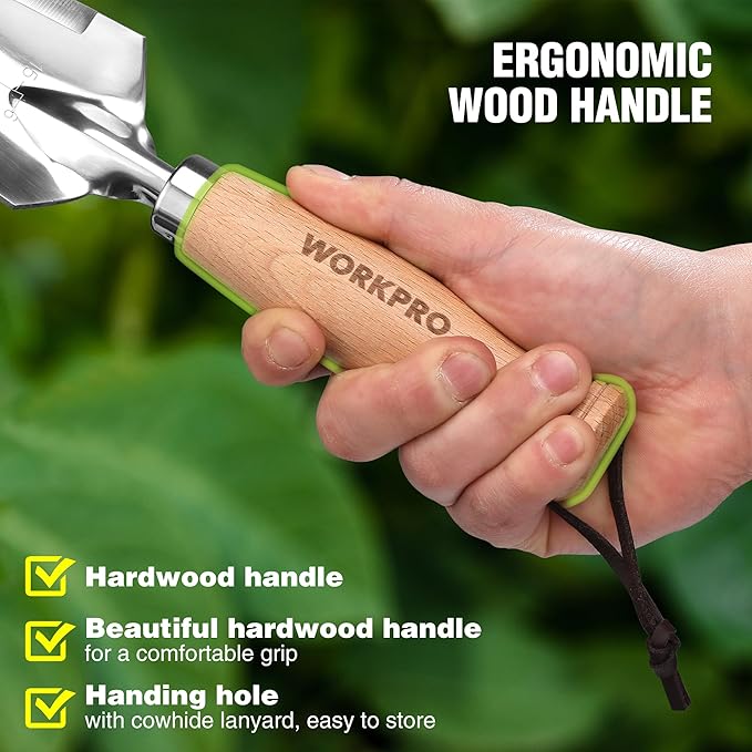 WORKPRO Garden Trowel with Wood Handle, Stainless Steel Narrow Hand Shovel, Multi- Use Flat Garden Trowel for Planting, Weeding, Transplanting, Digging, Small Weeding Knife for Gardening