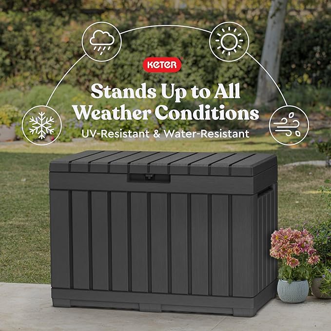 Keter Kentwood 50 Gallon Resin Deck Box-Organization and Storage for Patio Cushions, Throw Pillows and Garden Tools, Dark Grey