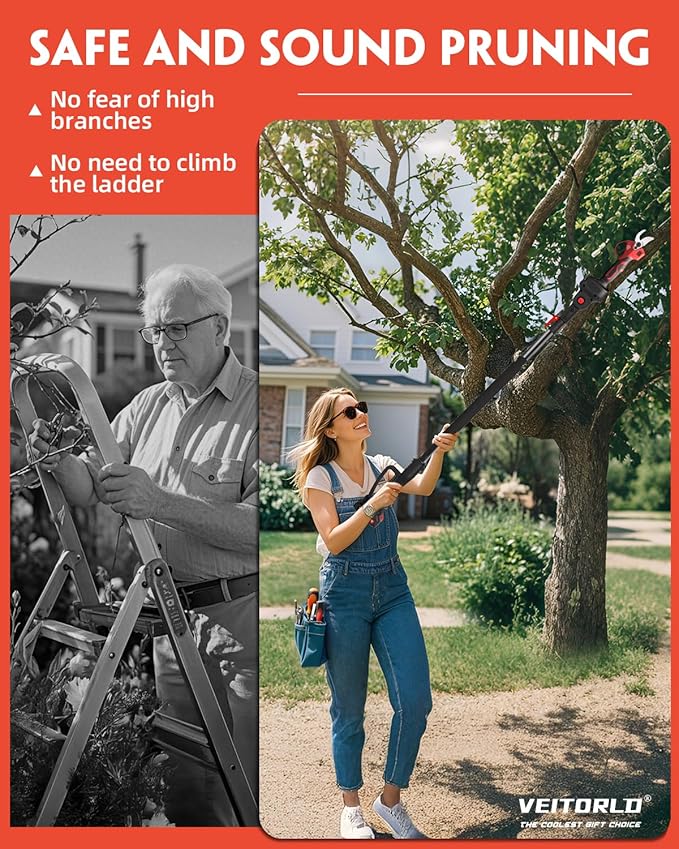 2-IN-1 Cordless Electric Pole Pruning Shears, 13ft Reach, 1.2" Cutting Diameter, 2000mAh Battery Powered, Brushless Motor for Efficient Garden Tree Trimming, Branch Cutting（Red）