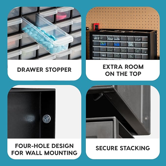 IRIS USA Bead Organizer Drawers, 64-Drawer, Screw Tool Electronics Hardware Nuts and Bolts Plastic Garage Storage Cabinet Bin, Stackable Craft Supply Building Bricks Sorter Teacher Tool Box, Black