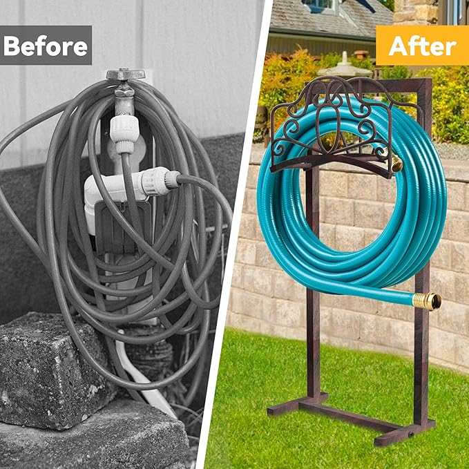 Garden Hose Holder Hanger Freestanding, Upgraded 4-Spike Heavy Duty Storage Reel Stand, Holds 150ft Hose for Outside Yard Lawn (Rustic Floral, Metal)