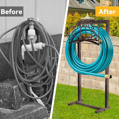 Garden Hose Holder Hanger Freestanding, Upgraded 4-Spike Heavy Duty Storage Reel Stand, Holds 150ft Hose for Outside Yard Lawn (Rustic Floral, Metal)