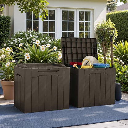 Greesum 31 Gallon Deck Box for Outside, All Weather Outdoor Storage Boxes for Patio Furniture Set, Package Delivery Box, Garden Tools, Brown(Set of 2)