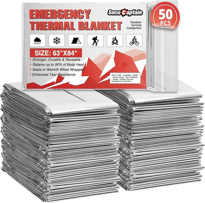 SecuCaptain Survival Emergency Thermal Blankets: 50 Pack Extra Large 84” x63” Space Mylar Blanket Kit for Outdoor Cold Winter Camping Hiking Car Bug Out Bag or First Aid