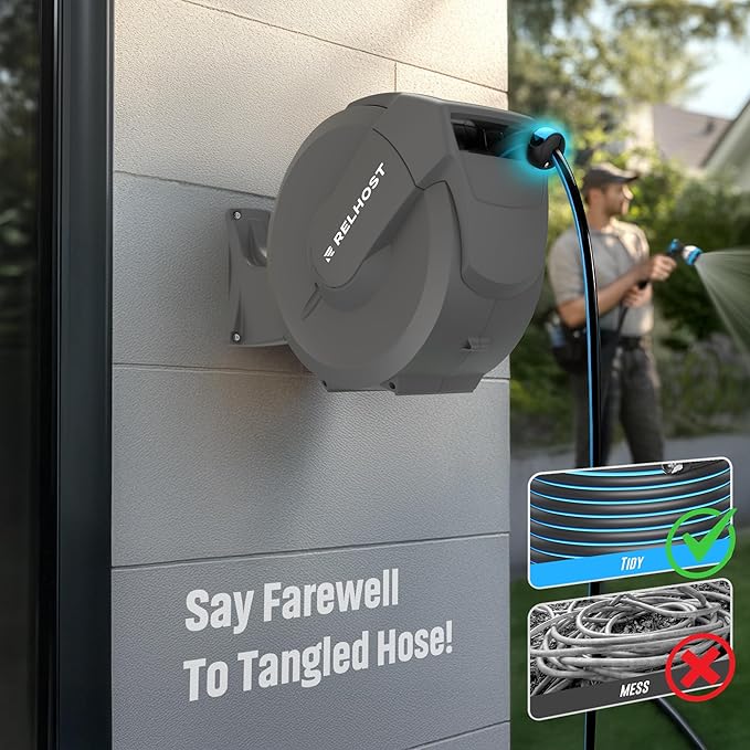 Retractable Garden Hose Reel 100 ft x 1/2 in, Heavy Duty Hose Reel Wall Mount with Any Length Lock, Auto Rewind System, 180° Swivel Bracket, 10-Pattern Garden Hose Nozzle, Dark Grey