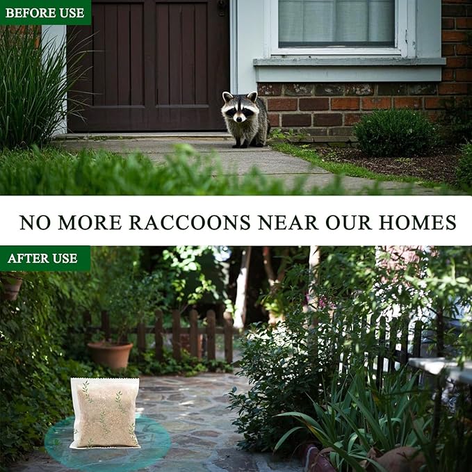 Natural Raccoon Repellent Granules | Eco-Friendly, Non-Toxic & Long-Lasting Protection with Garlic, Peppermint & Wintergreen Oils | Safe for Pets and Children |6-Pack (25g per Bag)
