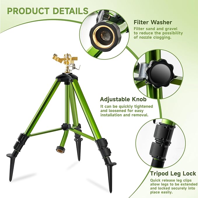 Impact Sprinklers on Tripod Base with Ground Plugs,Heavy Duty Brass Head Sprinkler with 360 Degree Spray,0-44ft Large Area Irrigation,Tripod Sprinkler with Extension Legs for Yard Garden Lawn,1 Pack