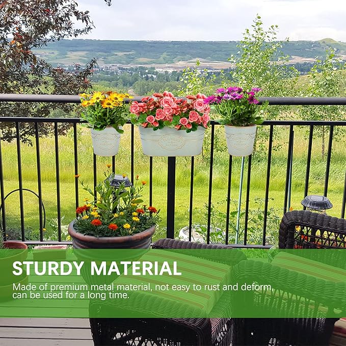 PerGar Vintage Metal Iron Wall Hanging Flower Pots, Rustic Planter Bucket Herb Flower Plant Holder with Detachable Hooks & Drainage Hole for Railing Fence Balcony Deck Garden Home Decoration, Set of 3