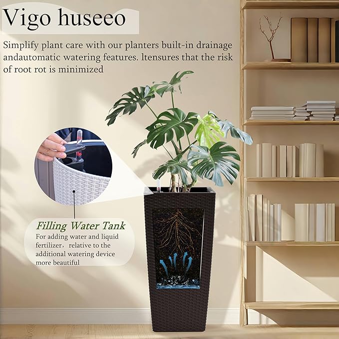30in Tall Planter, Self Watering Pots for Indoor/Outdoor Plants with Drain Holes, Water Level Monitor, Inner Bucket for Front Porch Patio, Brown Large(1 Set)