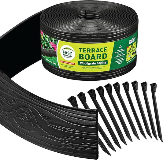 MASTER MARK Terrace Board, Landscape Coiled Edging, Grass Barrier, Bender Board, Flower Bed, Vegetable Garden Borders 5 in. x 40 ft. with 10 Stakes (Black)