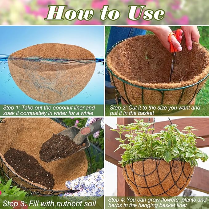 ZeeDix 18 Inch Coco Liners for Hanging Baskets, 4 Pcs Round Coco Liner 100% Natural Coco Fiber Basket Coconut Replacement Liner for Hanging Baskets Planters Flowers Vegetables(18in-4pcs)