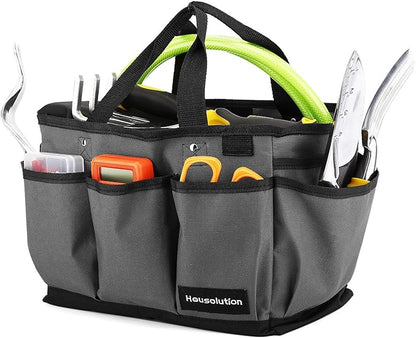Housolution Gardening Tote Bag, Deluxe Garden Tool Storage Bag and Home Organizer with Pockets, Wear-Resistant & Reusable, 14 Inch, Gray + Black
