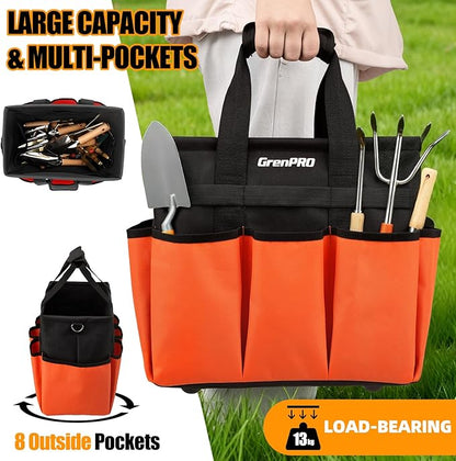 Garden Tool Bag Organizer, Heavy Duty Gardening Tote Toolbox with 10 Pockets, Adjustable Shoulder Strap, Standable & Foldable for Tool Storage, Home Garden Kit, Orange (Tools Not Included)