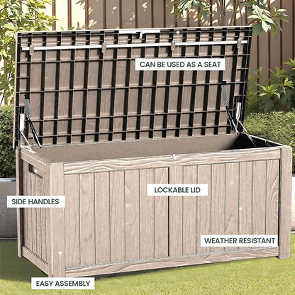 120 Outdoor Storage Box, Waterproof Resin Deck Box for Indoor & Outdoor Use, Lockable Storage Bench with Piston Hinge, Storage Bin for Patio Cushions, Garden Tools, Package Delivery, Grey