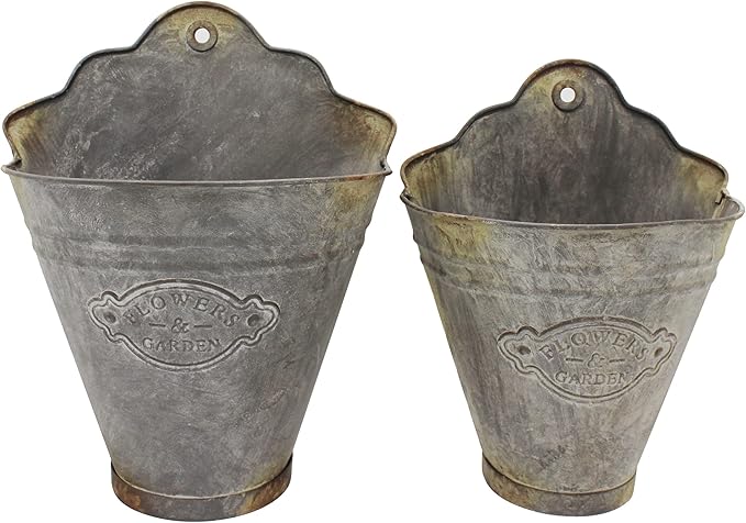 CVHOMEDECO. Farmhouse Galvanized Wall Planter Rustic Metal Flower Holder Wall Mount Flower pots for Garden and Wall Decor, Set of 2