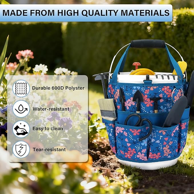 KUNN Bucket Organizer 5 Gallon 18-Pocket Tool Bucket Bag with 6 Hooks, Gardening Tool Holder Caddy for Gardeners, Outdoor Yard Work, Soil Plant Flower Gardening Accessories with Grip Pad, Blue