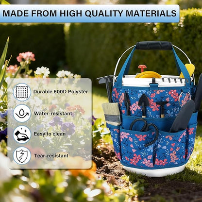 KUNN Bucket Organizer 5 Gallon 18-Pocket Tool Bucket Bag with 6 Hooks, Gardening Tool Holder Caddy for Gardeners, Outdoor Yard Work, Soil Plant Flower Gardening Accessories with Grip Pad, Blue