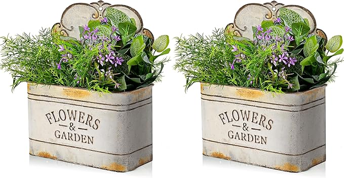CVHOMEDECO. Farmhouse Metal Wall Planter Rustic Galvanized Flower Holder Wall Mount Flower pots for Indoor, Outdoor and Wall Decor, Set of 2 (Grey)