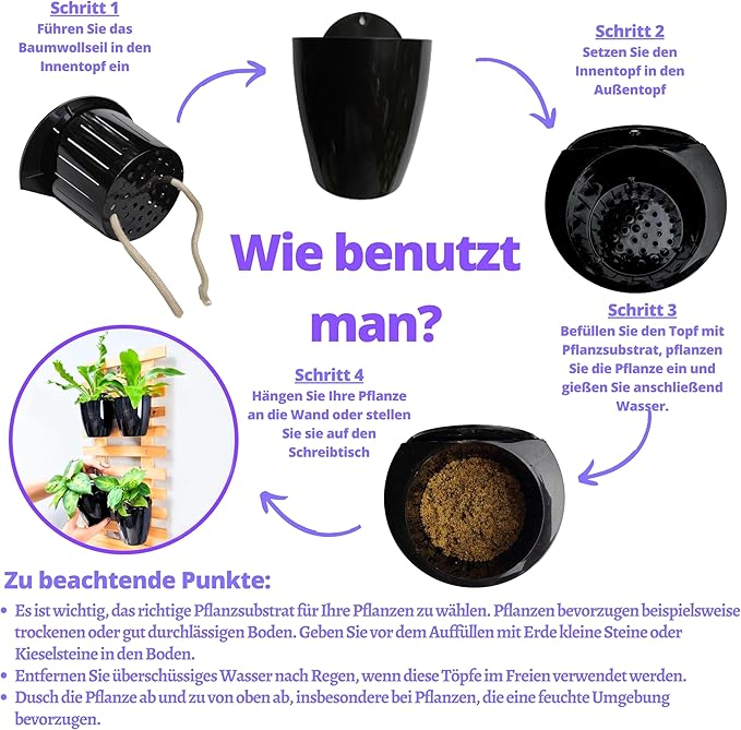 LaLaGreen Wall Planters for Indoor Plants - 10 Pack, 4 Inch Black Self Watering Pots Modern Indoor Hydroponic Vertical Live Garden Wall Mounted Hanging Plant Holder