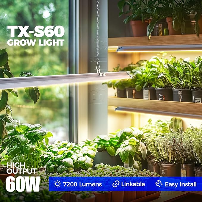 Barrina TX-S60 4FT Grow Light, 60W(420W Equivalent), Full Spectrum with 660nm Red LEDs, High PPFD, Linkable, Hanging Grow Lights with On/Off Switch for Indoor Plants, Greenhouse, Seeding, Veg, 1 Pack