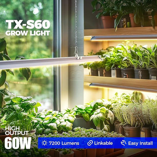 Barrina TX-S60 4FT Grow Light for Indoor Plants, 240W(4 x 60W, 1680W Equivalent), High PPFD, Full Spectrum with 660nm Red LEDs, Mechanical Timer, Linkable, Hanging Plant Light for Seedling, 4 Packs