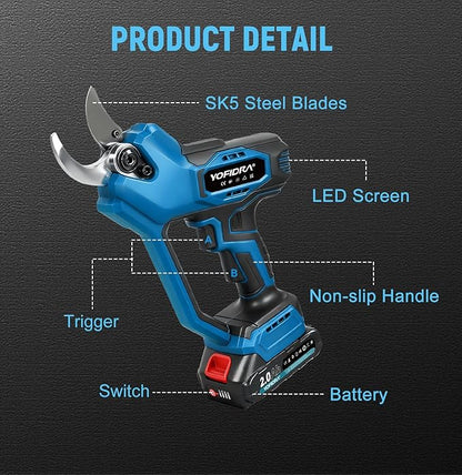 Electric Pruning Shears, 1.77" Cutting Diameter Cordless Pruning Shears with LED Display & SK5 Blade, Brushless Motor Electric Pruner Garden Tool with Charger, 2.0mAh Battery*2 for Garden Tree Branch