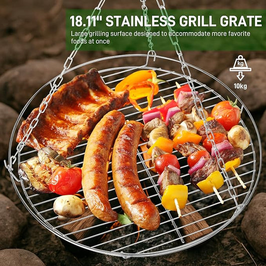 Outvita Campfire Tripod Grill, Adjustable Height BBQ Grill Grate Stainless Steel for Outdoor Camping BBQ, Black