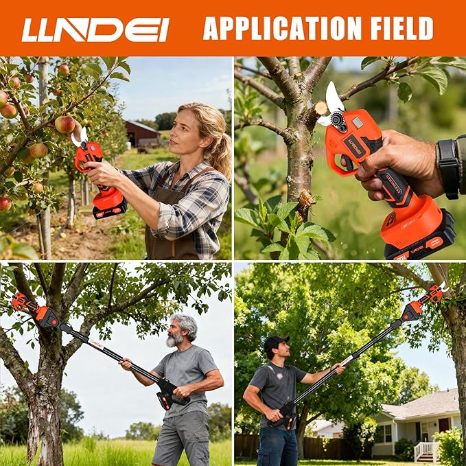 LLNDEI 2-in-1 Electric Pruning Shears Cordless, 1.6“ Cutting Diameter, Electric Tree Pruner with 13Ft Reach Extension Pole, 1000w Brushless Motor, Powered Pole Pruner for Tree Trimming.