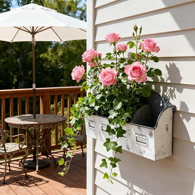 Vintage 4-Compartment Wall-Mounted Galvanized Metal Planter, Distressed White Hanging Flower Pot for Succulents, Herbs, Indoor Outdoor Garden Decor