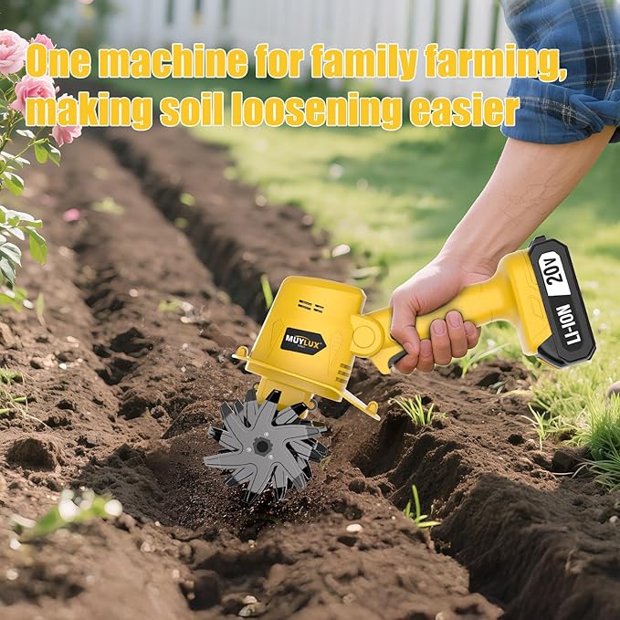 20V Cordless Tiller Cultivator for Gardening, Electric Garden Tiller with 2 x 2.0Ah Batteries & Charger, Garden Rototiller for Lawn Gardening Soil Cultivation, Yellow