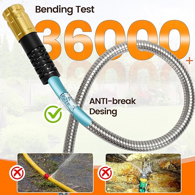 Metal Garden Hose 100FT Heavy Duty Lightweight 304 with Brass Nozzle,Durable Fittings,No Kink & Tangle,Puncture Resistant,Easy to Use & Store for RV,Outdoor, Yard,Ligh (100ft)