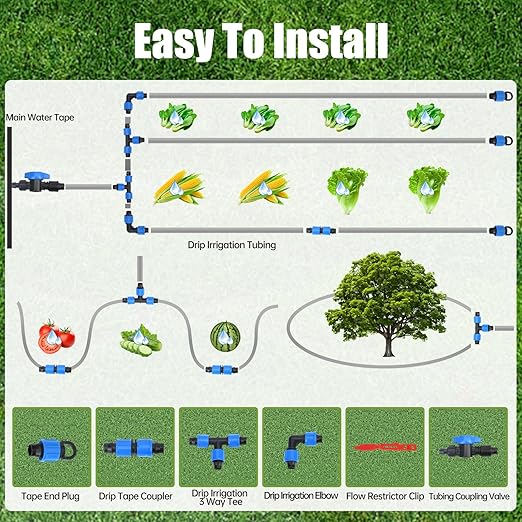 500FT 5/8 Inch 16 Mil Drip Tape Irrigation Kit, 6" Spacing Roll 16 Mil Drip Tape Irrigation, Durable Reinforced PE Material Anti-Bird Pecking Silver Anti-Burning Seedlings Drip Irrigation System