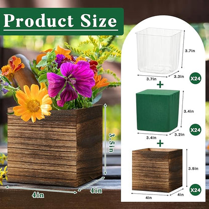 Dandat 24 Set Wood Cube Planter Box Square Wood Vase Rustic Cube Planter Box with Removable Plastic Liner Floral Foam Blocks for Centerpieces Home Wedding Garden Decor, Country Style (Brown)