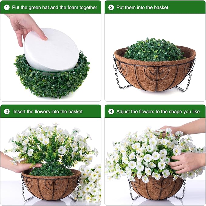 Artificial Fake Hanging Flowers Plants Baskets Spring Outdoor Decor, Outdoor Faux Silk White Morning Glory Eucalyptus in Planter UV Resistant Realistic for Outside Porch Patio Balcony Garden Yard Home