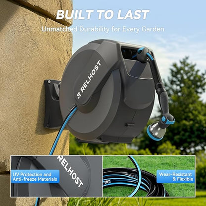 Retractable Garden Hose Reel 120 ft x 1/2 in, Heavy Duty Hose Reel Wall Mount with Any Length Lock, Slow Return System, 180° Swivel Bracket, 10-Pattern Garden Hose Nozzle, Dark Grey
