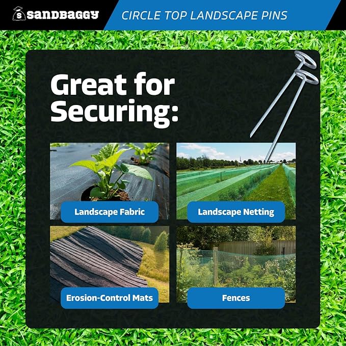 Sandbaggy 6-inch Circle Top Pins - Landscape Staples (Galvanized) - Garden Stakes for Landscaping, SOD - Heavy Duty Ground Stakes, Lawn Turf Spikes, Christmas Decorations, Weed Mats (100 Pins)