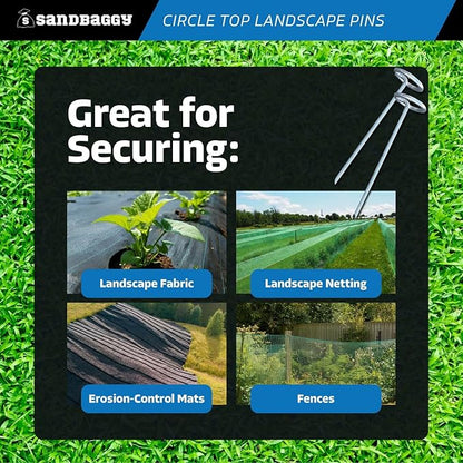 Sandbaggy 6-inch Circle Top Pins - Landscape Staples (Galvanized) - Garden Stakes for Landscaping, SOD - Heavy Duty Ground Stakes, Lawn Turf Spikes, Christmas Decorations, Weed Mats (1000 Pins)