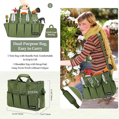 Garden Tote Bag, Gardening Tool Bag Organizer with Pockets & Handle, 900D Heavy Duty Garden Storage Bag with Long Adjustable Shoulder Strap for Tools, Green