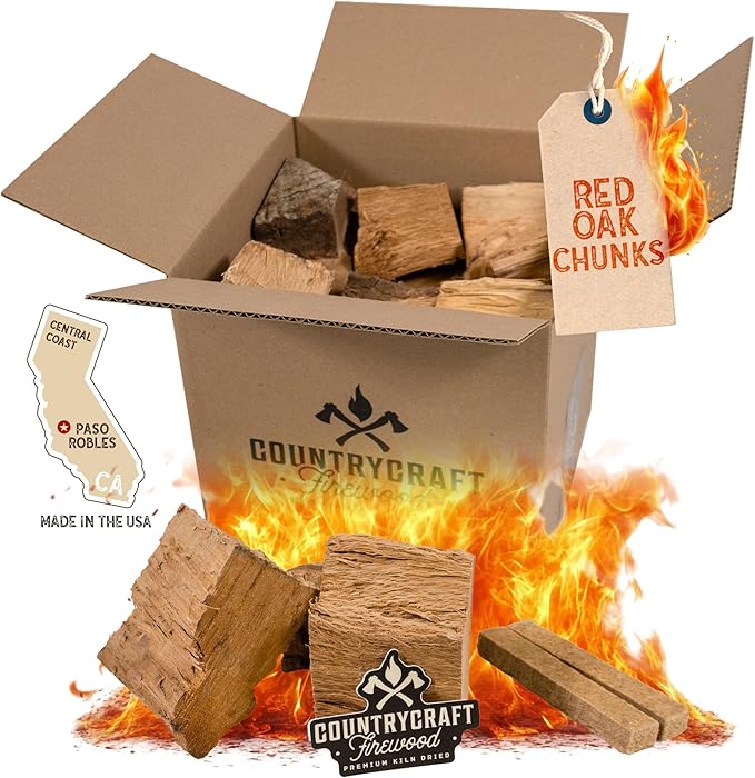 Kiln-Dried Red Oak Cooking Wood Chunks – Sustainably Sourced Firewood and BBQ Wood for BBQs, Grills & Smokers – 10 lbs, Made in The USA with 2 Firestarters
