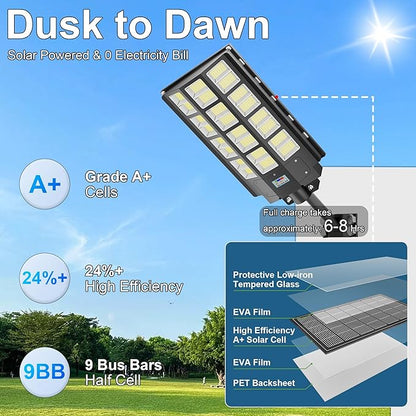 2-Pack Solar Street Lights Outdoor Waterproof, 9800W Solar Light Outdoor Dusk to Dawn, 240000LM 7000K Flood Light Motion Sensor for Garden/Yard/Parking Lot Lighting