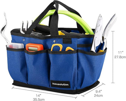 Housolution Gardening Tote Bag, Deluxe Garden Tool Storage Bag and Home Organizer with Pockets, Wear-Resistant & Reusable, 14 Inch, Blue