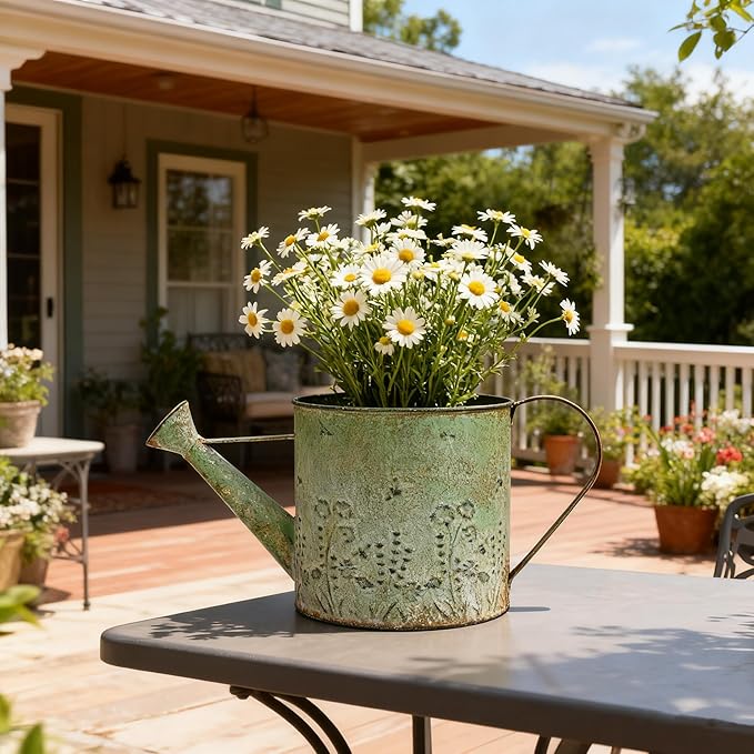 Vintage Metal Watering Can Planter with Embossed Floral - Distressed Green Decorative Watering Pot for Indoor/Outdoor Flowers, Succulents & Herbs, Rustic Home Decor Accent
