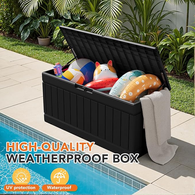 78 Gallon Deck Box Outdoor Indoor Waterproof Storage Box for Patio Furniture, Pool Accessories, Garden Tools, and Cushion Storage, Black