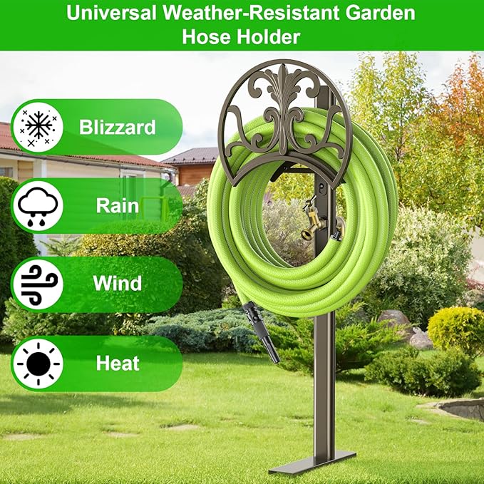 GOFORWILD Garden Hose Stand with Brass Faucet, Detachable Heavy Duty Water Hose Holder, Freestanding Metal Hose Reel Decorative Storage Hanger Holds 150-Feet Hose for Outside Patio Lawn Yard