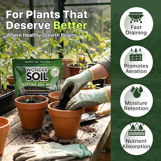 WONDER SOIL Organic Potting Soil | Ready to Plant Coco Coir Fully Loaded with Nutrients | 3 LBS Bag Expands to 12 Quarts of Indoor Outdoor Soil for Gardens & Plants | Incl Worm Castings, Perlite
