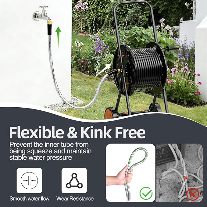 SPECILITE 10FT Short Garden Hose, 1/2" 304 Stainless Steel Leader Hose with Female to Female Brass Fittings, Flexible, Heavy-Duty & Never Kink, Water Pipe for Yard, Outdoor, Lawn